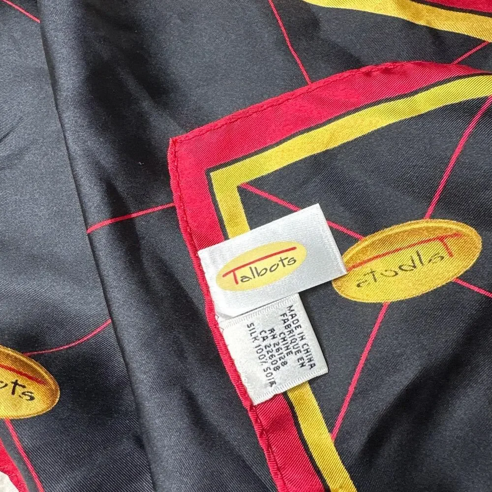 Vintage Talbots 100% Silk Black Square Head Scarf Red Gold Yellow Classy Graphic